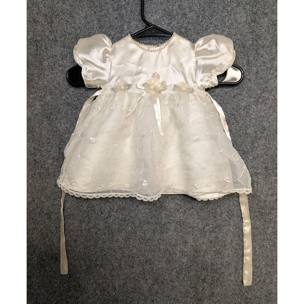 Vtg Baby Girl Baptism Dress 6-9M Ivory Satin Lace Christening Gown Floral Coquet